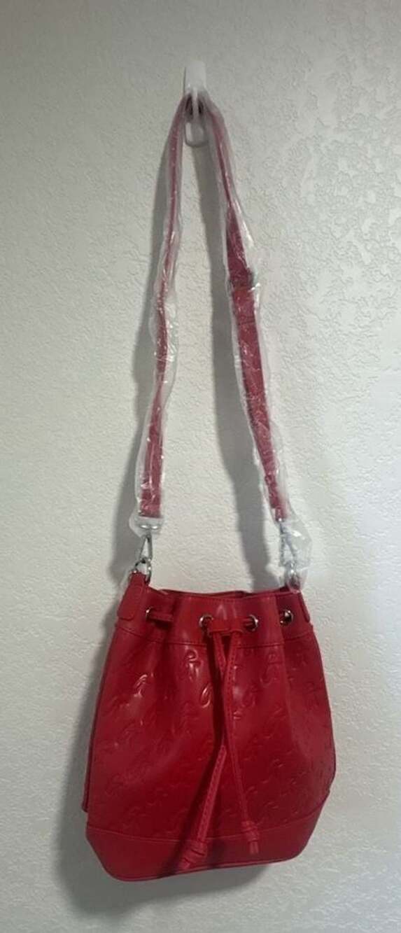 Glam-Aholic Monogram Mini Bucket Bag Red Vegan Leather